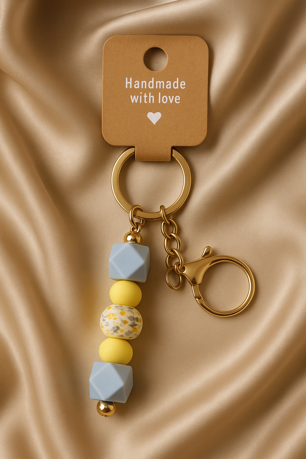 Handmade Blue, Yellow & Floral Beaded Keyring