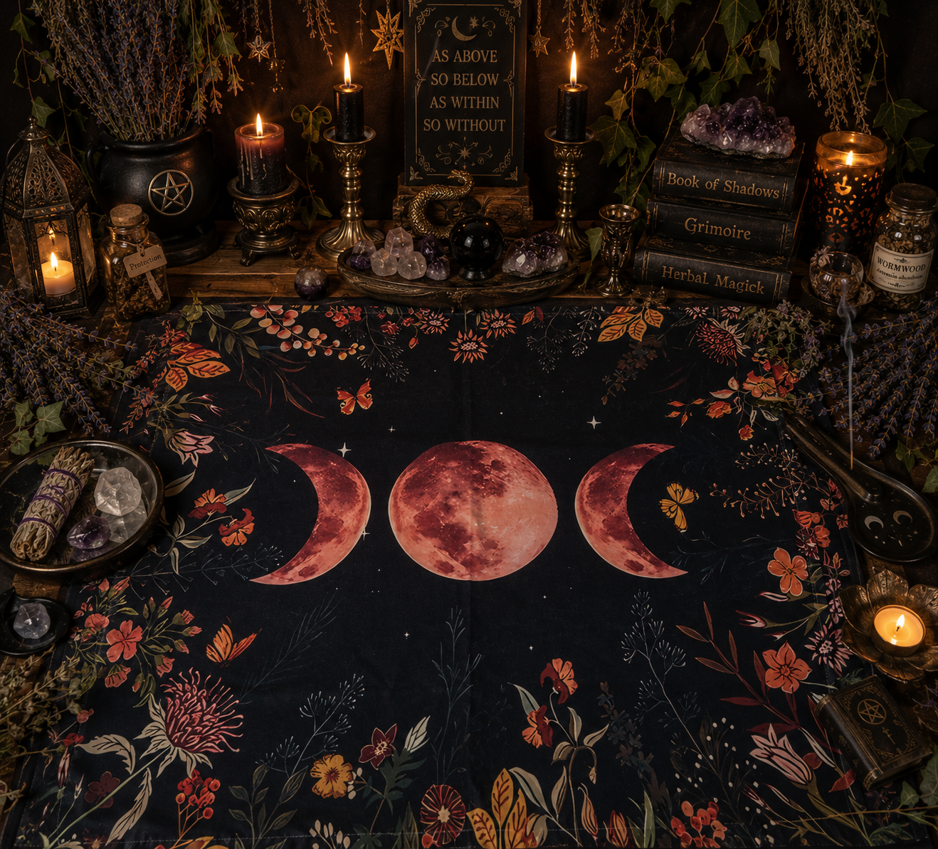 Triple Moon Floral Altar Cloth