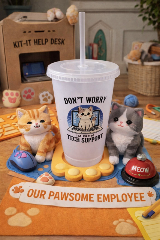 Pawsome Tech Support Cat Tumbler – Funny Desk Cup with Straw (Reusable Cold Drink Cup)