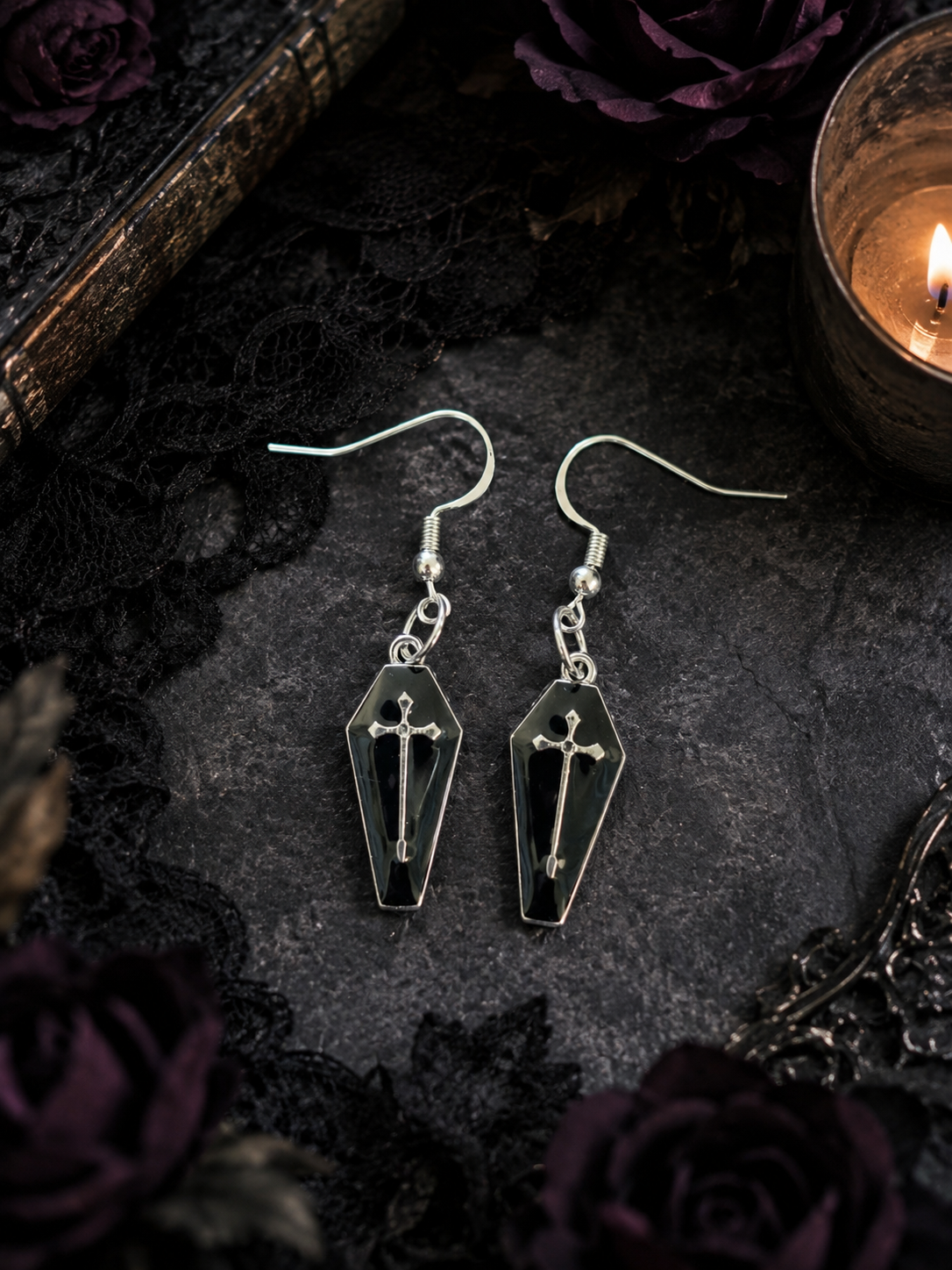 Black Coffin Cross Drop Earrings