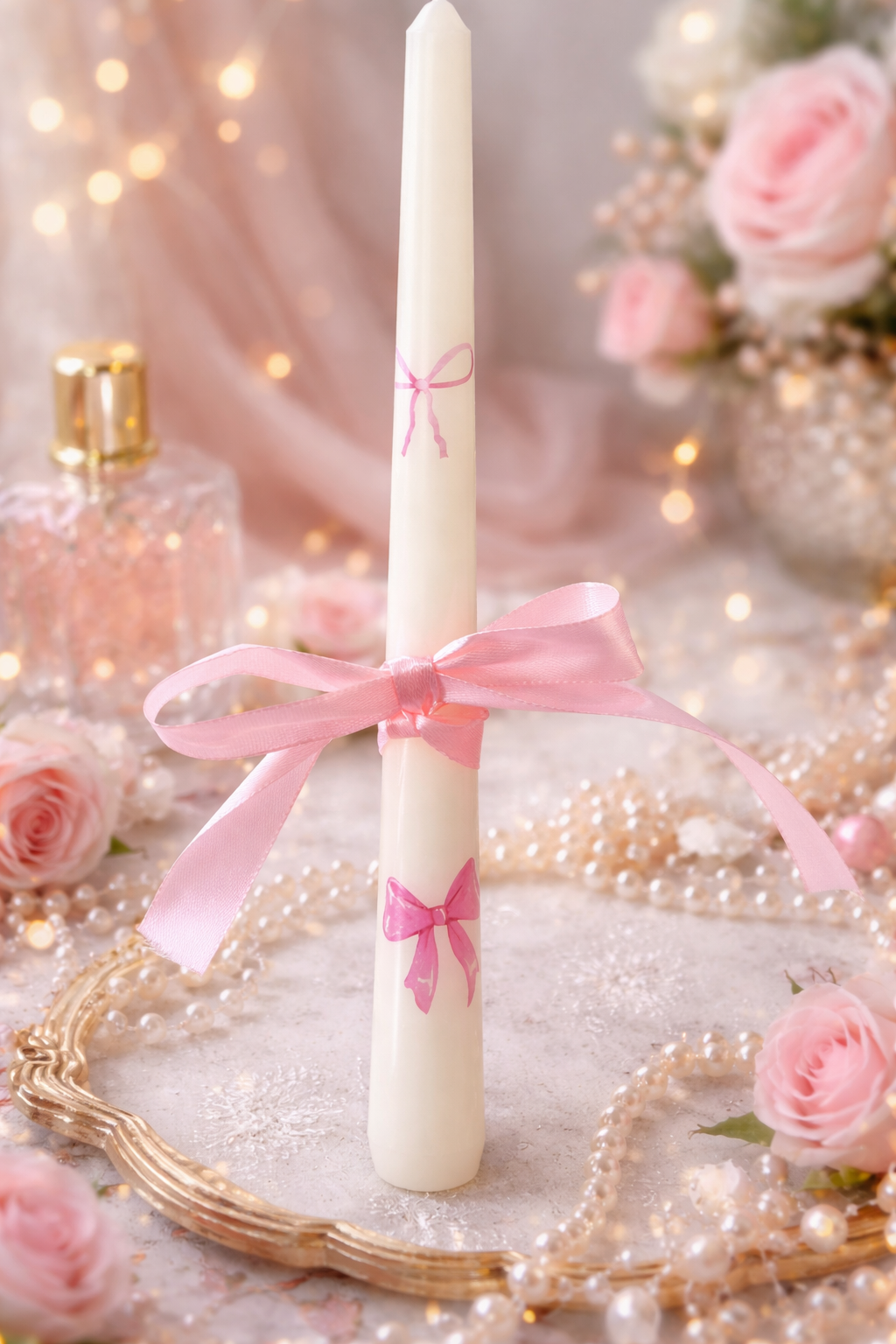 Pink Bow Elegance Handmade Decorative Taper Candle