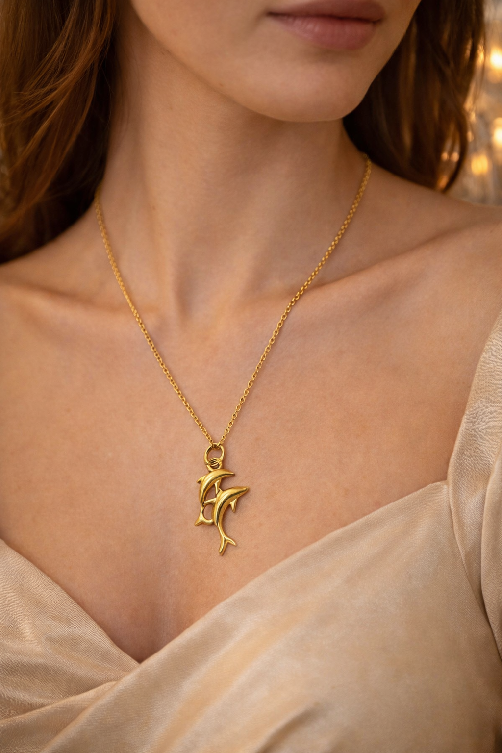 Golden tone Twin Dolphin Necklace Elegant Ocean Inspired Pendant