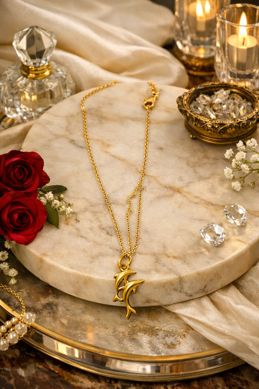 Golden tone Twin Dolphin Necklace Elegant Ocean Inspired Pendant