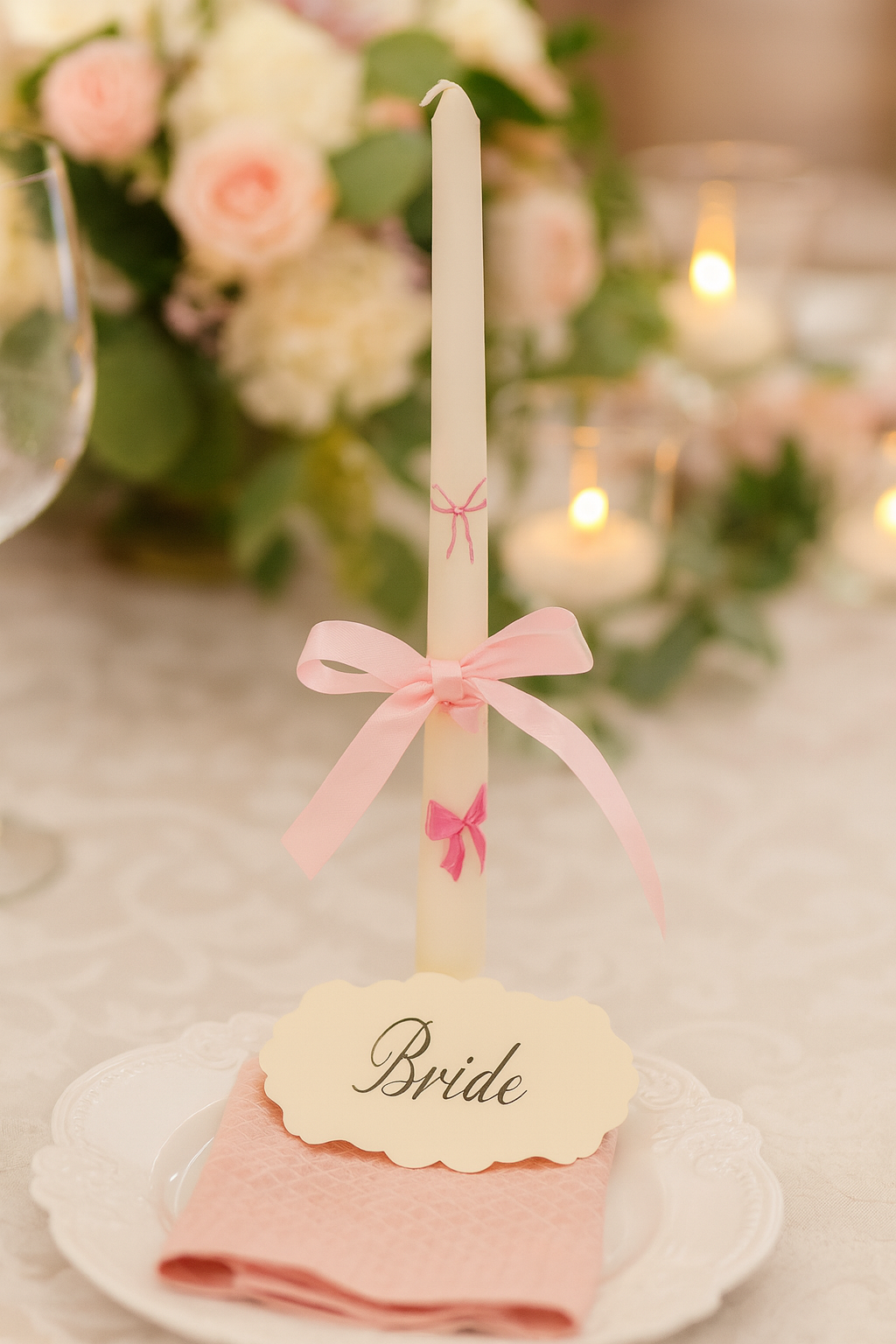 Pink Bow Elegance Handmade Decorative Taper Candle