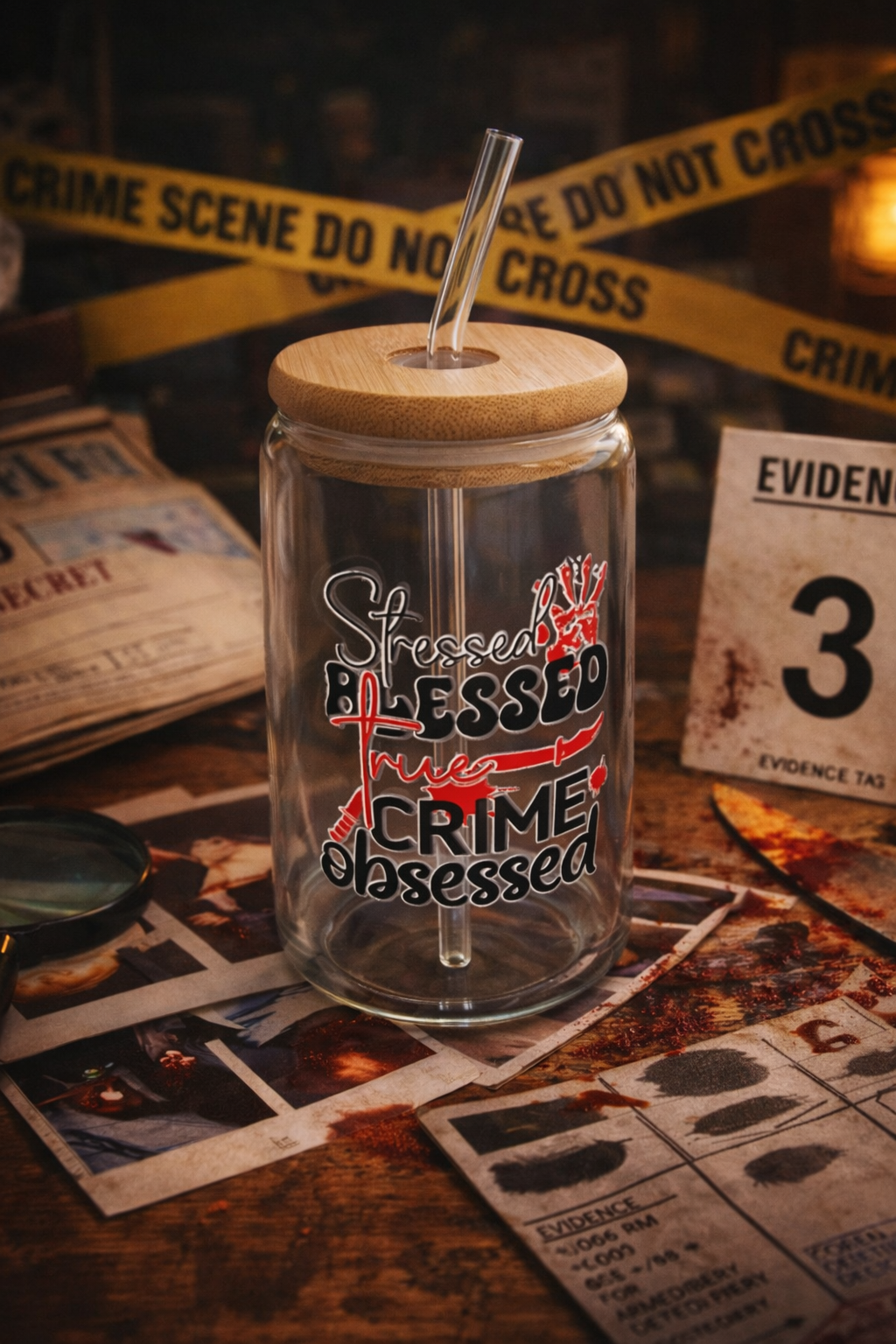 💀 “True crime obsessed” True Crime Glass Tumbler Crime Scene Edition