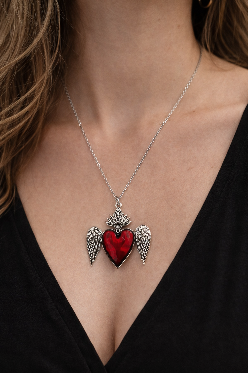 Crimson Crowned Wing Heart Necklace