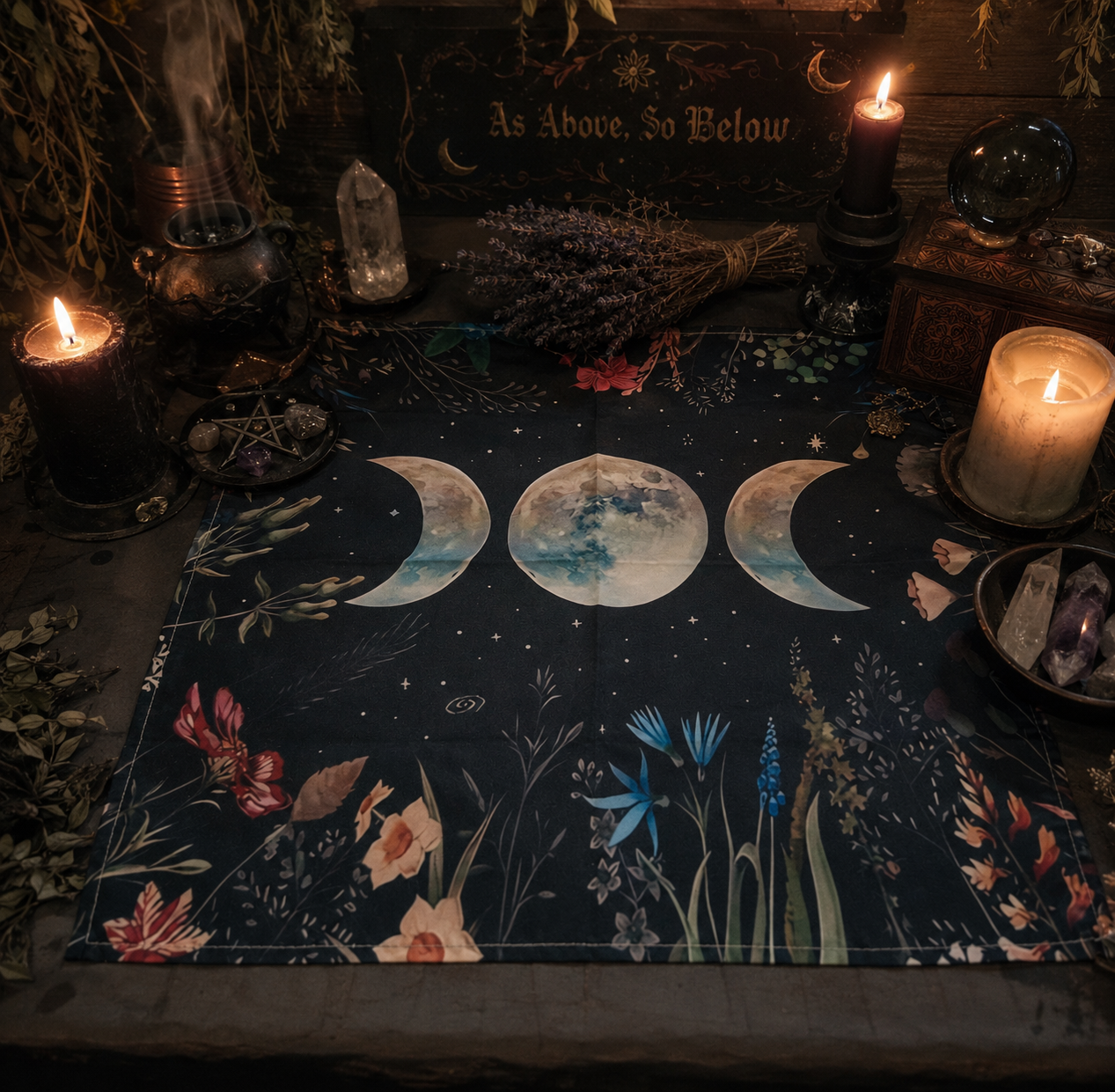 Triple Moon Floral Altar Cloth